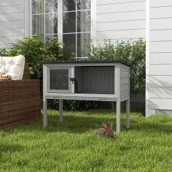 Conejera de Madera para Mascotas Pequeñas con Bandeja Extraíble y Techo Asfáltico 84x43x70 cm Gris y Negro - Ogal.Es