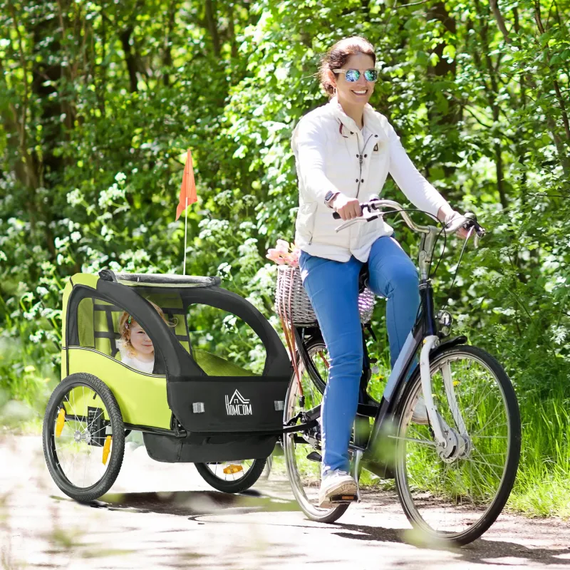 Remolque de Bicicleta para Niños +18 Meses con Cinturón de Seguridad Sistema de Amortiguador 140x88x90 cm Verde - Ogal.Es