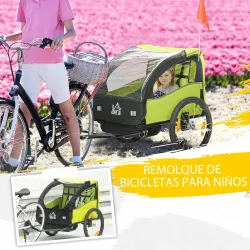Remolque de Bicicleta para Niños +18 Meses con Cinturón de Seguridad Sistema de Amortiguador 140x88x90 cm Verde - Ogal.Es
