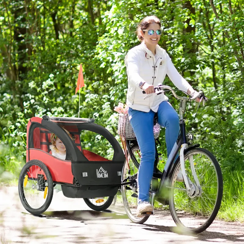 Remolque de Bicicleta para Niños +18 Meses con Cinturón de Seguridad Sistema de Amortiguador 140x88x90 cm Rojo - Ogal.Es