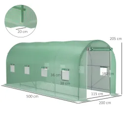 Invernadero de Túnel 500x200x205 cm Invernadero de Jardín con Puerta Enrollable y 8 Ventanas Cubierta PE 140 g/m... - Ogal.Es