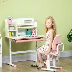 Pupitre Infantil Altura Ajustable con 1 Cajón 1 Estante y Tablero de Mesa Inclinable 80x52x88-109 cm Rosa y Blanco - Ogal.Es