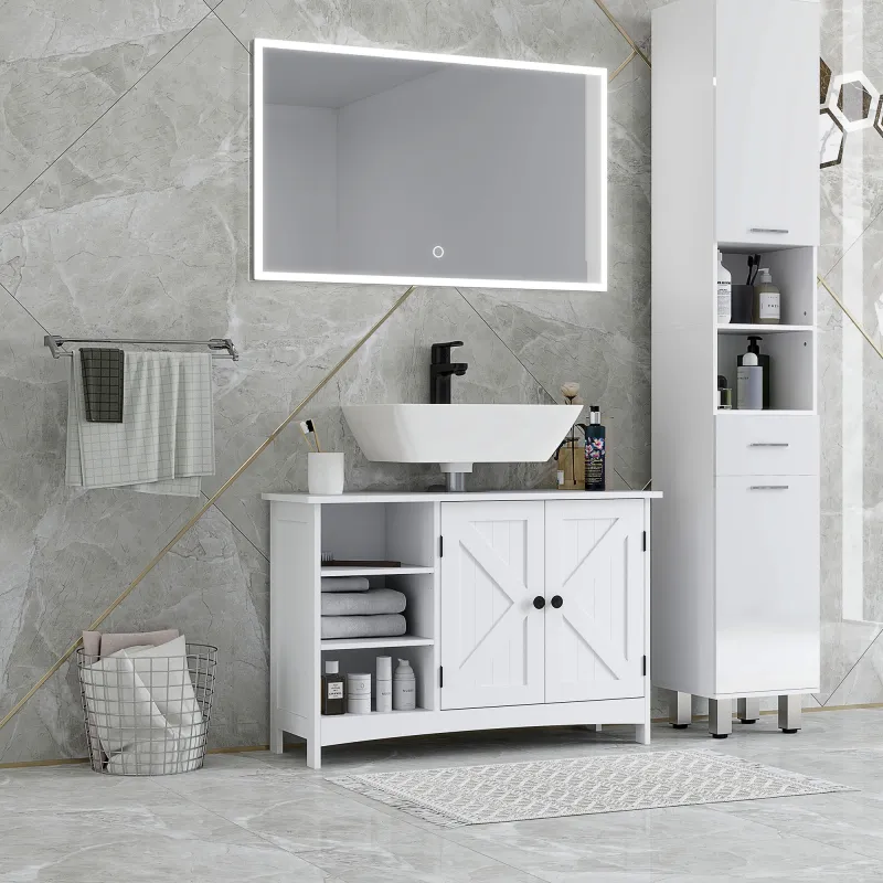 Mueble Bajo Lavabo de Pie con 2 Puertas y Estantes Ajustables Antivuelco Estilo Moderno 90x30x60 cm Blanco - Ogal.Es