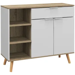 Aparador de Cocina con 1 Cajón 2 Puertas de Cierre Suave y Estantes Ajustables para Comedor 95x35x85 cm Blanco y... - Ogal.Es