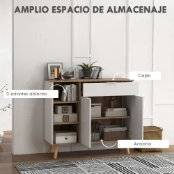 Aparador de Cocina con 1 Cajón 2 Puertas de Cierre Suave y Estantes Ajustables para Comedor 95x35x85 cm Blanco y... - Ogal.Es