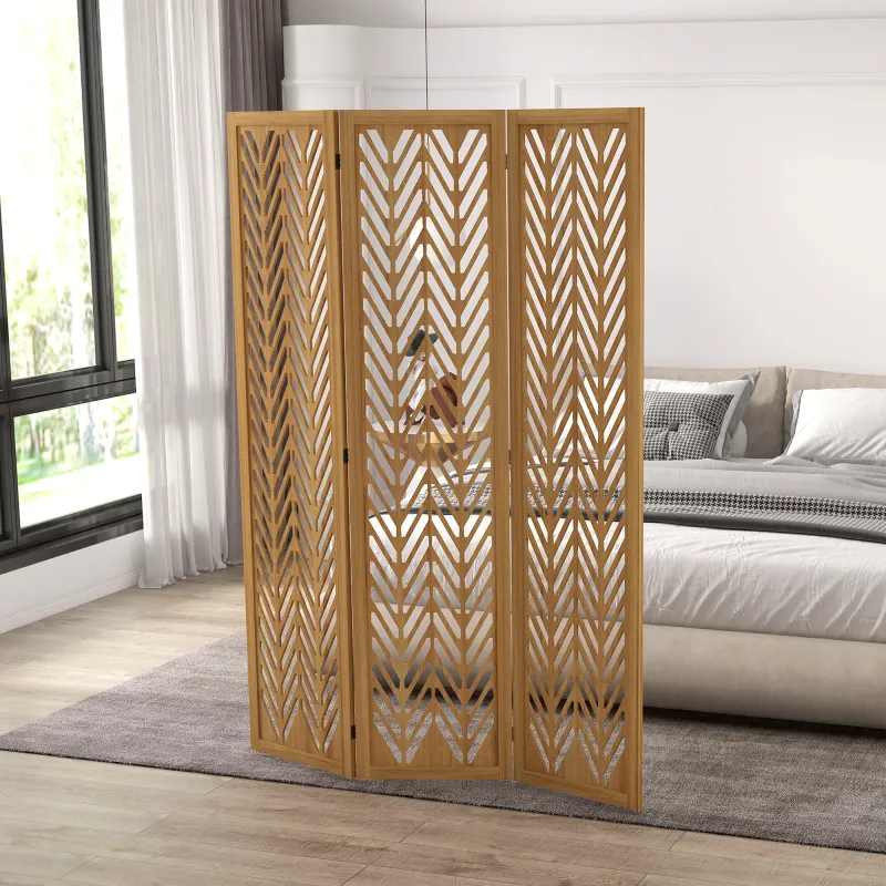 Separador de Ambientes Plegable de 3 Paneles 120x1,7x170 cm Biombo de Madera con Patrones Geométricos Natural - Ogal.Es