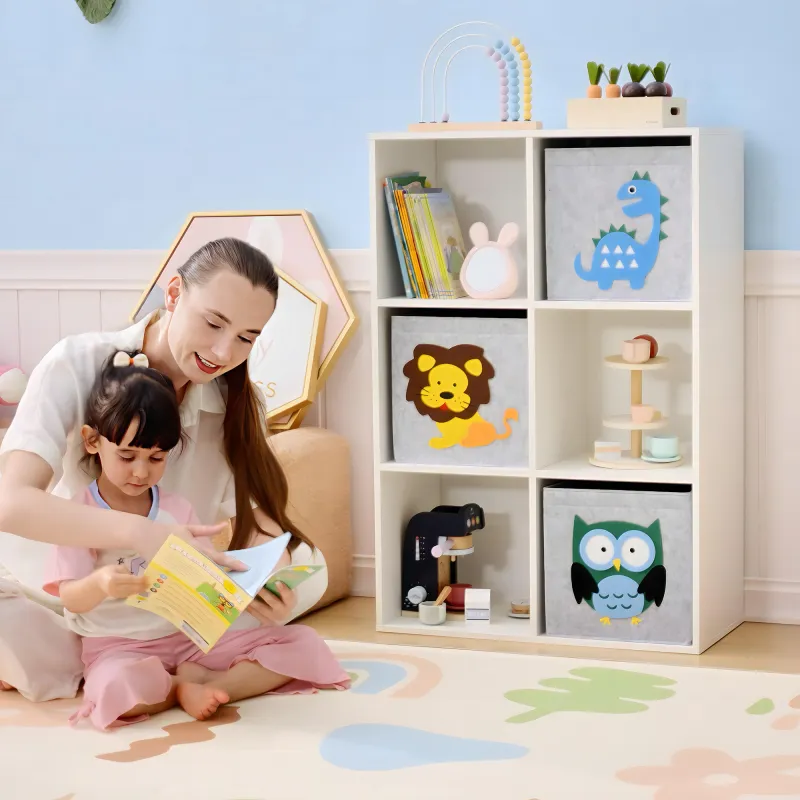 Librería para Niños de +3 Años con 6 Compartimientos y 3 Cajones de Tela no Tejida 61,8x29,9x91,5 cm Blanco y Gris - Ogal.Es
