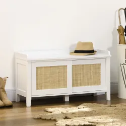 Mueble Zapatero con Banco con 2 Puertas de Ratán Estilo Cannage Carga 130 kg para Pasillo 80x35x45 cm Blanco y N... - Ogal.Es
