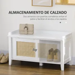 Mueble Zapatero con Banco con 2 Puertas de Ratán Estilo Cannage Carga 130 kg para Pasillo 80x35x45 cm Blanco y N... - Ogal.Es