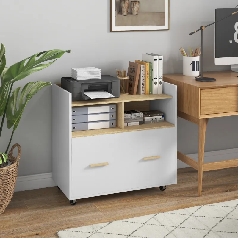 Armario Archivador con Ruedas Cajón Barras Colgantes para Tamaño A4 y 2 Compartimentos 76x40x75,5 cm Roble y Blanco - Ogal.Es
