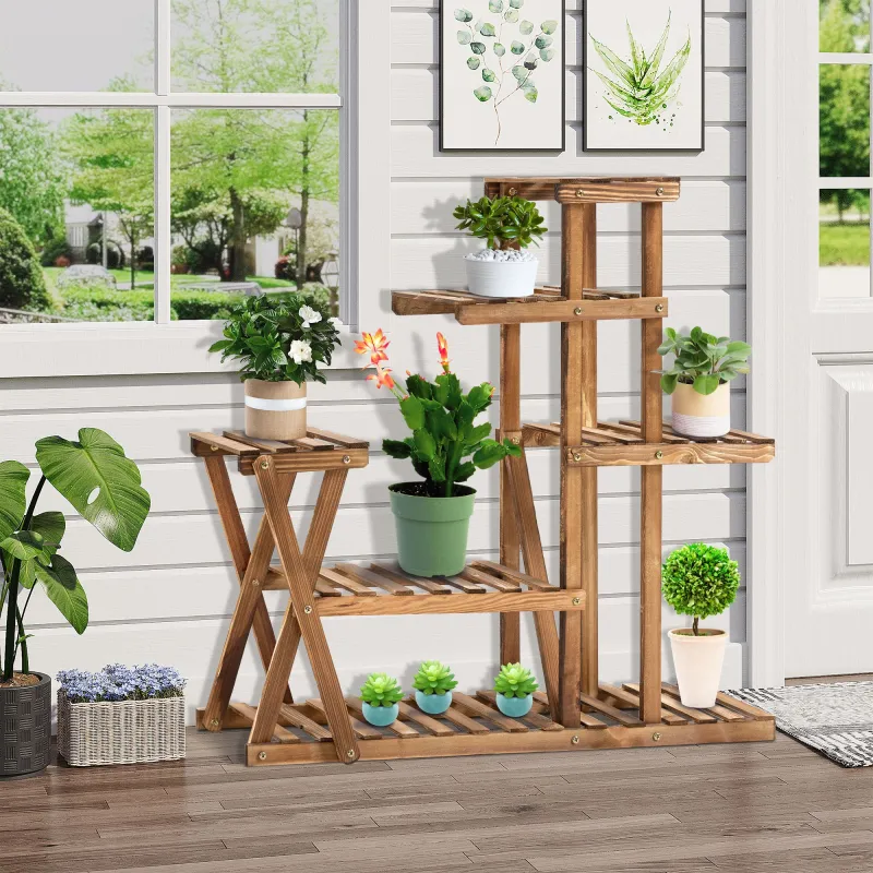Estantería para Plantas con Pies de Madera con 5 Niveles Carga 60 kg para Interior y Exterior 98x28x95 cm Carbon... - Ogal.Es