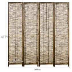 Biombo de 4 Paneles Plegable 160x1,8x170 cm Separador de Ambientes de Madera y Carrizo Natural - Ogal.Es
