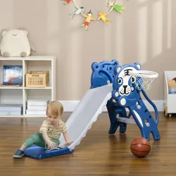 Tobogán para Niños de 18 a 36 Meses con 2 Escaleras 1 Canasta de Baloncesto y Patrón de Tigre 133x60x70 cm Azul ... - Ogal.Es