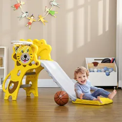 Tobogán para Niños de 18 a 36 Meses con 2 Escaleras 1 Canasta de Baloncesto y Patrón de León 131x50x74cm Amarill... - Ogal.Es