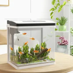 Acuario de Cristal de 28L Pecera Pequeña con Sistema de Filtro Iluminación LED Bomba de Agua 38x26x39,5 cm Blanco - Ogal.Es