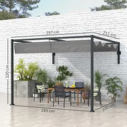 Pérgola de Jardín de Pared 297x211x220 cm Cenador con Techo Retráctil y Marco de Acero para Patio Terraza Gris O... - Ogal.Es