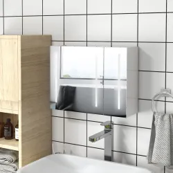 Armario con Espejo de Baño con 3 Puertas Estantes Ajustables Interruptor Táctil y USB 90x15x70 cm Blanco Brillante - Ogal.Es