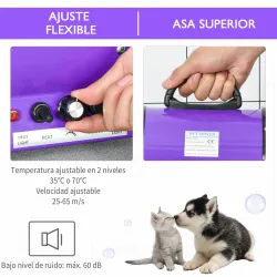 Secador de Pelo para Mascotas 2800W con Temperatura y Velocidad del Viento Ajustable 40x16x20 cm Negro y Púrpura - Ogal.Es