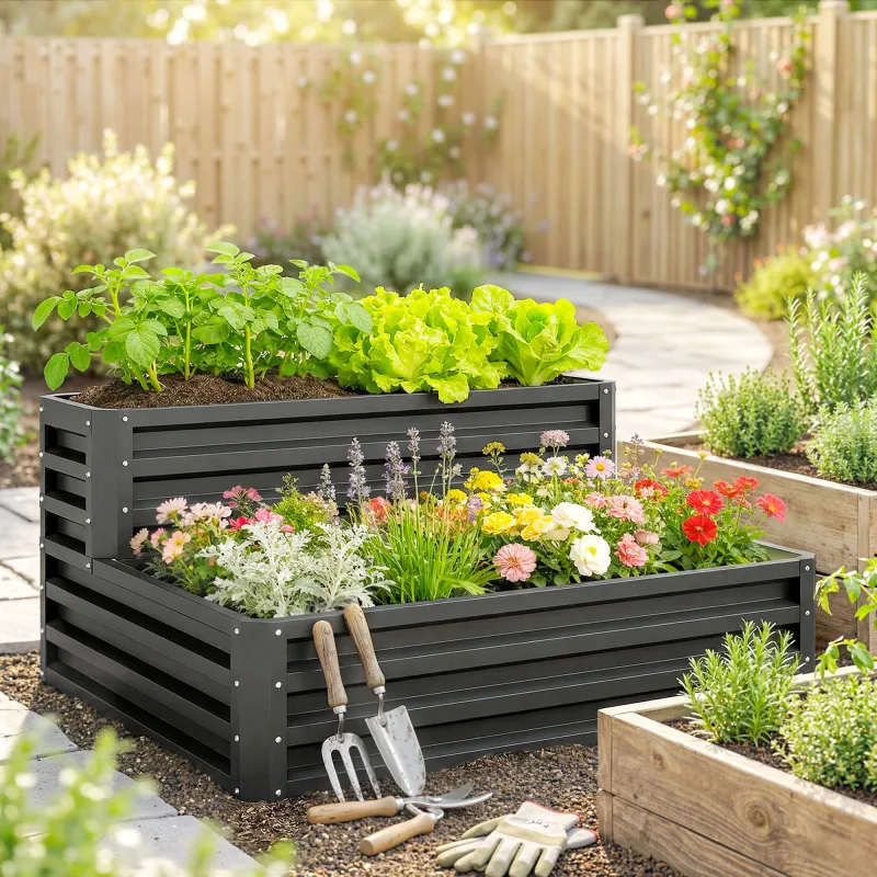 Jardinera Exterior de Acero con Diseño de Escalera para Cultivos Plantas Flores 120x101x58 cm Gris Oscuro - Ogal.Es