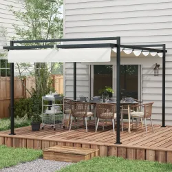 Cenador de Jardín 3x4 m con Techo Retráctil de Poliéster y 12 Orificios de Drenaje Pérgola para Terraza Blanco y... - Ogal.Es