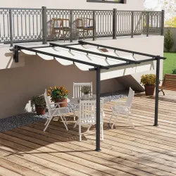 Pérgola 3x3 m Cenador de Jardín con Techo Retráctil de Poliéster y Marco de Acero Crema y Gris Oscuro - Ogal.Es