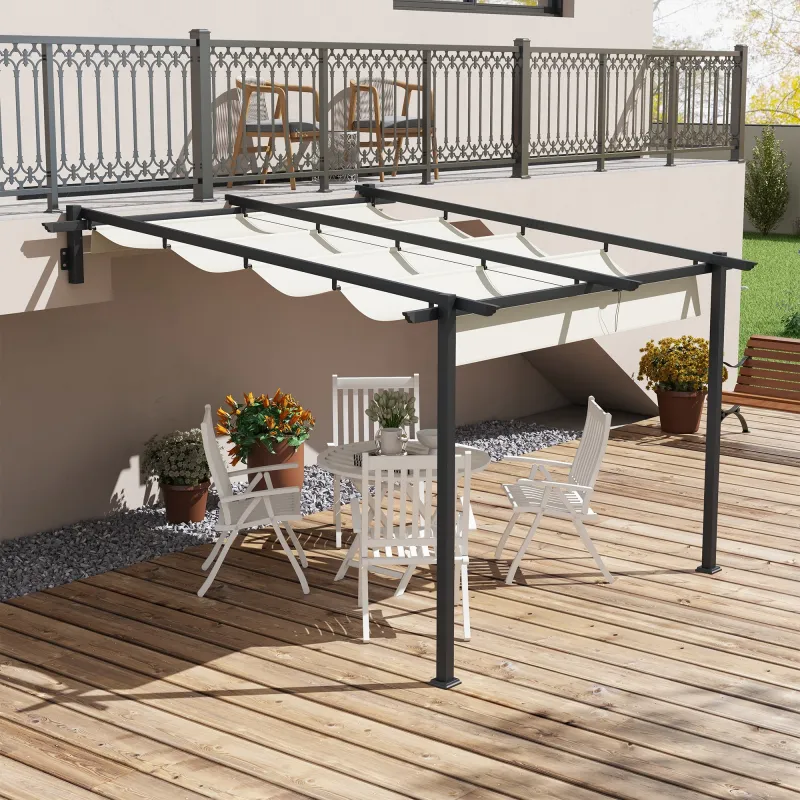 Pérgola 3x3 m Cenador de Jardín con Techo Retráctil de Poliéster y Marco de Acero Crema y Gris Oscuro - Ogal.Es