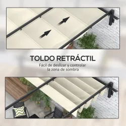 Pérgola 3x3 m Cenador de Jardín con Techo Retráctil de Poliéster y Marco de Acero Crema y Gris Oscuro - Ogal.Es