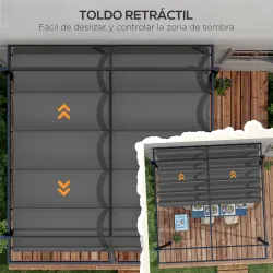 Cenador de Jardín 3x4 m con Techo Retráctil de Poliéster y 12 Orificios de Drenaje Pérgola para Terraza Gris Oscuro - Ogal.Es