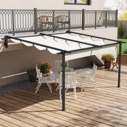 Pérgola 4x3 m Cenador de Jardín con Techo Retráctil de Poliéster y Marco de Acero Crema y Gris Oscuro - Ogal.Es
