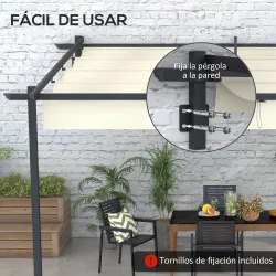 Pérgola 4x3 m Cenador de Jardín con Techo Retráctil de Poliéster y Marco de Acero Crema y Gris Oscuro - Ogal.Es