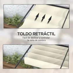 Pérgola 4x3 m Cenador de Jardín con Techo Retráctil de Poliéster y Marco de Acero Crema y Gris Oscuro - Ogal.Es