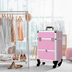 Maletín de Maquillaje Profesional con Cajón Maleta de Maquillaje con Ruedas para Viaje Trabajo 34x25x62 cm Rosa - Ogal.Es