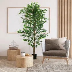 Planta Artificial con Troncos Naturales 180 cm Ficus Sintética con 1260 Hojas Decoración para Hogar Verde - Ogal.Es