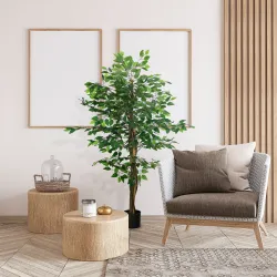 Planta Artificial con Troncos Naturales 150 cm Ficus Sintética con 882 Hojas Decoración para Hogar Verde - Ogal.Es