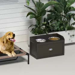 Comedero Elevado para Perros Grandes con 2 Cuencos de 2000 ml de Acero Inoxidable y 1 Cajón 63x30x36 cm Marrón - Ogal.Es