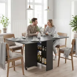 Mesa de Cocina Plegable con 2 Ruedas 2 Estantes de Almacenaje y 2 Alas Abatibles Estilo Moderno 75x140x74 cm Negro - Ogal.Es