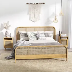 Juego de 2 Mesillas de Noche Estilo Cannage con Puerta y Estante Abierto Mesas Auxiliares 39x35x60 cm Natural - Ogal.Es