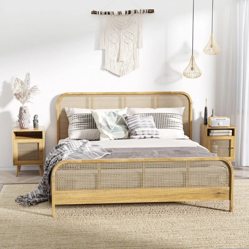 Juego de 2 Mesillas de Noche Estilo Cannage con Puerta y Estante Abierto Mesas Auxiliares 39x35x60 cm Natural - Ogal.Es