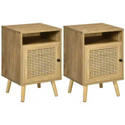 Juego de 2 Mesillas de Noche Estilo Cannage con Puerta y Estante Abierto Mesas Auxiliares 39x35x60 cm Natural - Ogal.Es