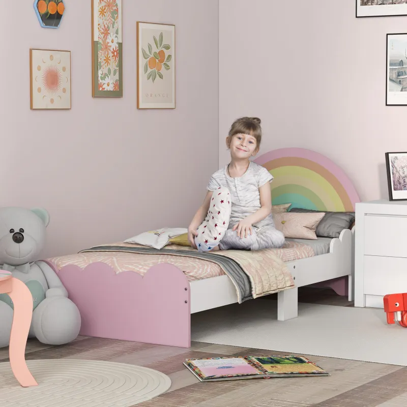 Cama Infantil de Madera 143x74x66 cm en Forma de Arcoíris Mueble de Dormitorio Moderno Carga 80 kg Rosa - Ogal.Es
