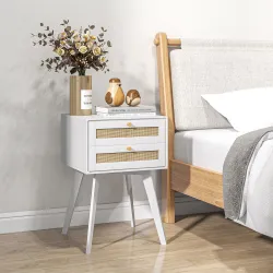 Mesilla de Noche Blanca Mesita de Noche con 2 Cajones Estilo Cannage Mesita Auxiliar Pequeña 40x40x60 cm - Ogal.Es