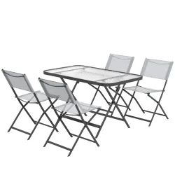 Conjunto de Mesa y 4 Sillas de Jardín Plegable con Mesa de Vidrio Templado Estilo Moderno para Terraza Patio Gris - Ogal.Es