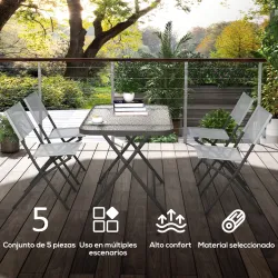 Conjunto de Mesa y 4 Sillas de Jardín Plegable con Mesa de Vidrio Templado Estilo Moderno para Terraza Patio Gris - Ogal.Es