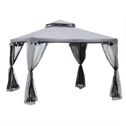 Pabellón de Exterior 3x3 m con Doble Techo de Ventilación 4 Cortinas 8 Orificios de Drenaje Gris - Ogal.Es