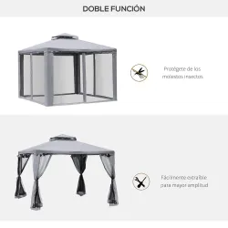 Pabellón de Exterior 3x3 m con Doble Techo de Ventilación 4 Cortinas 8 Orificios de Drenaje Gris - Ogal.Es