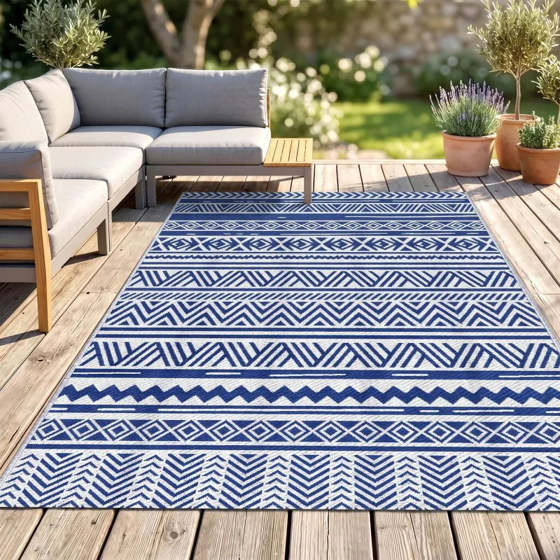 Alfombra Reversible 182x274 cm Estilo Moderno para Terraza Balcón Patio Camping Playa Azul Oscuro y Blanco - Ogal.Es