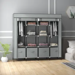 Armario Ropero de Tela Armario Portátil con 10 Compartimentos 2 Rieles Colgantes y 4 Cajones 166x42,5x169,5 cm Gris - Ogal.Es