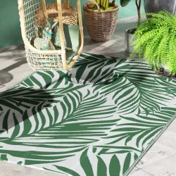 Alfombra Reversible 152x243 cm con Patrón de Hojas para Terraza Balcón Patio Camping Playa Verde Oscuro y Blanco - Ogal.Es