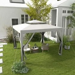 Carpa de Jardín 3x3 m Cenador Gazebo con 4 Mosquiteras Laterales Techo Doble 8 Orificios de Drenaje Marco de Met... - Ogal.Es