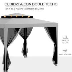 Carpa de Jardín 3x3 m Cenador Gazebo con 4 Mosquiteras Laterales Techo Doble 8 Orificios de Drenaje Marco de Met... - Ogal.Es